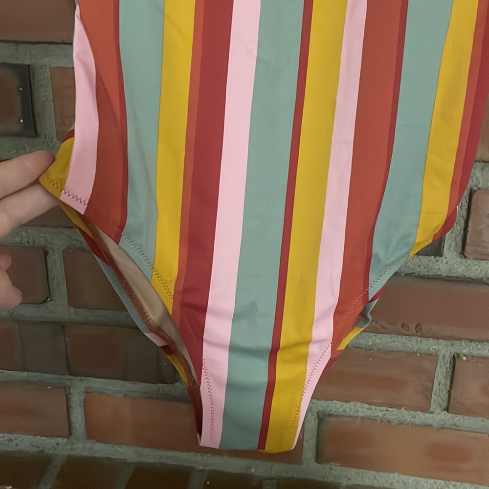 Madewell striped hicut bathing suit small orange teal muted tones one piece - Picture 6 of 11